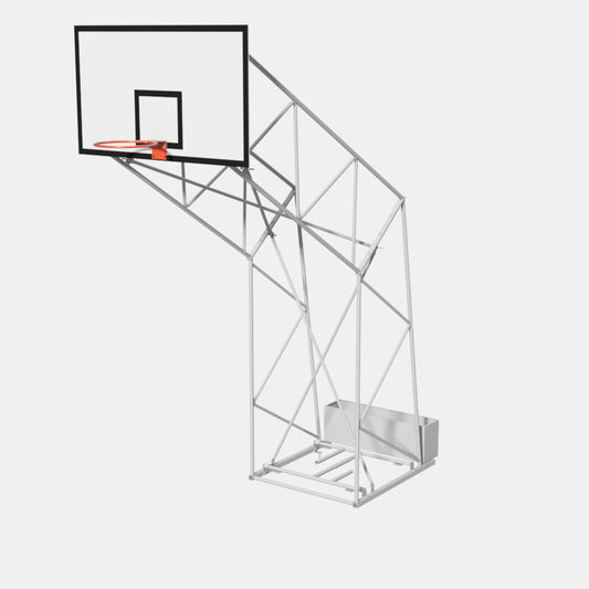 Impianto basket a traliccio in acciaio zincato, smontato, trasportabile con tabellone in legno montato su telaio rinforzato.