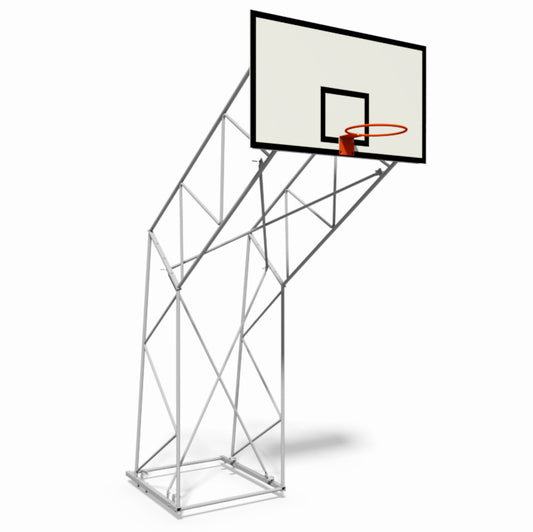 Impianto basket a traliccio in acciaio zincato, smontato, fisso con tabellone in resina melaminica montato su telaio rinforzato.