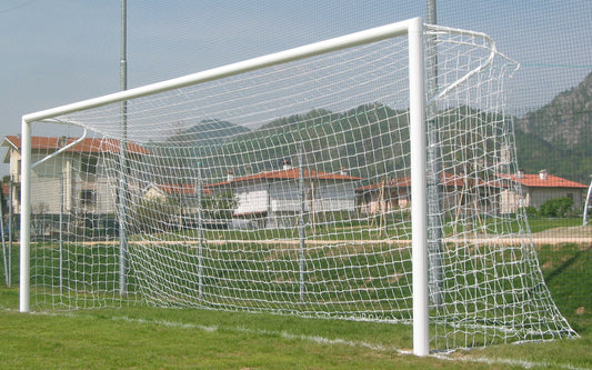 Porte calcio in alluminio, reggirete a gomito, gomiti saldati, complete di bussole, ribaltina esclusa. CERTIFICATE UNI EN 748