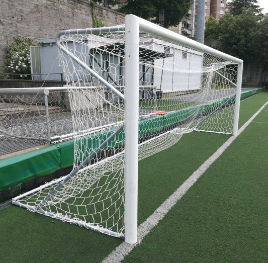 Porte calcio ridotte 5x2 in alluminio, con gomiti saldati, mobili con traversa divisa i 2 parti