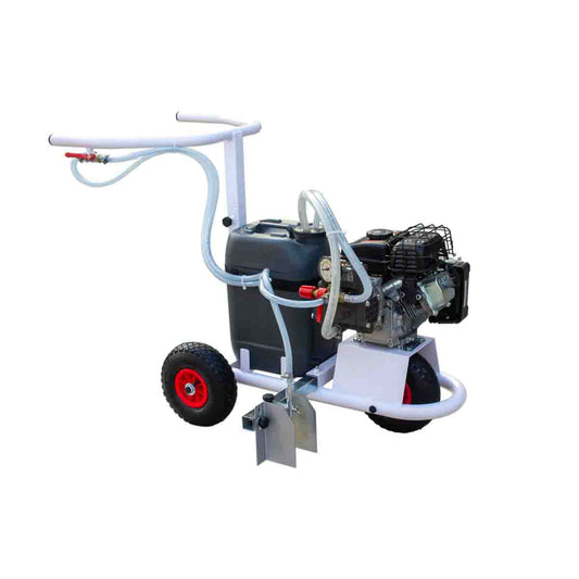 Carrello segnacampo a vernice ecologica, gruppo pompa a motore, struttura in acciaio verniciato, con 3 ruote pneumatiche, tracciatura laterale regolabile.